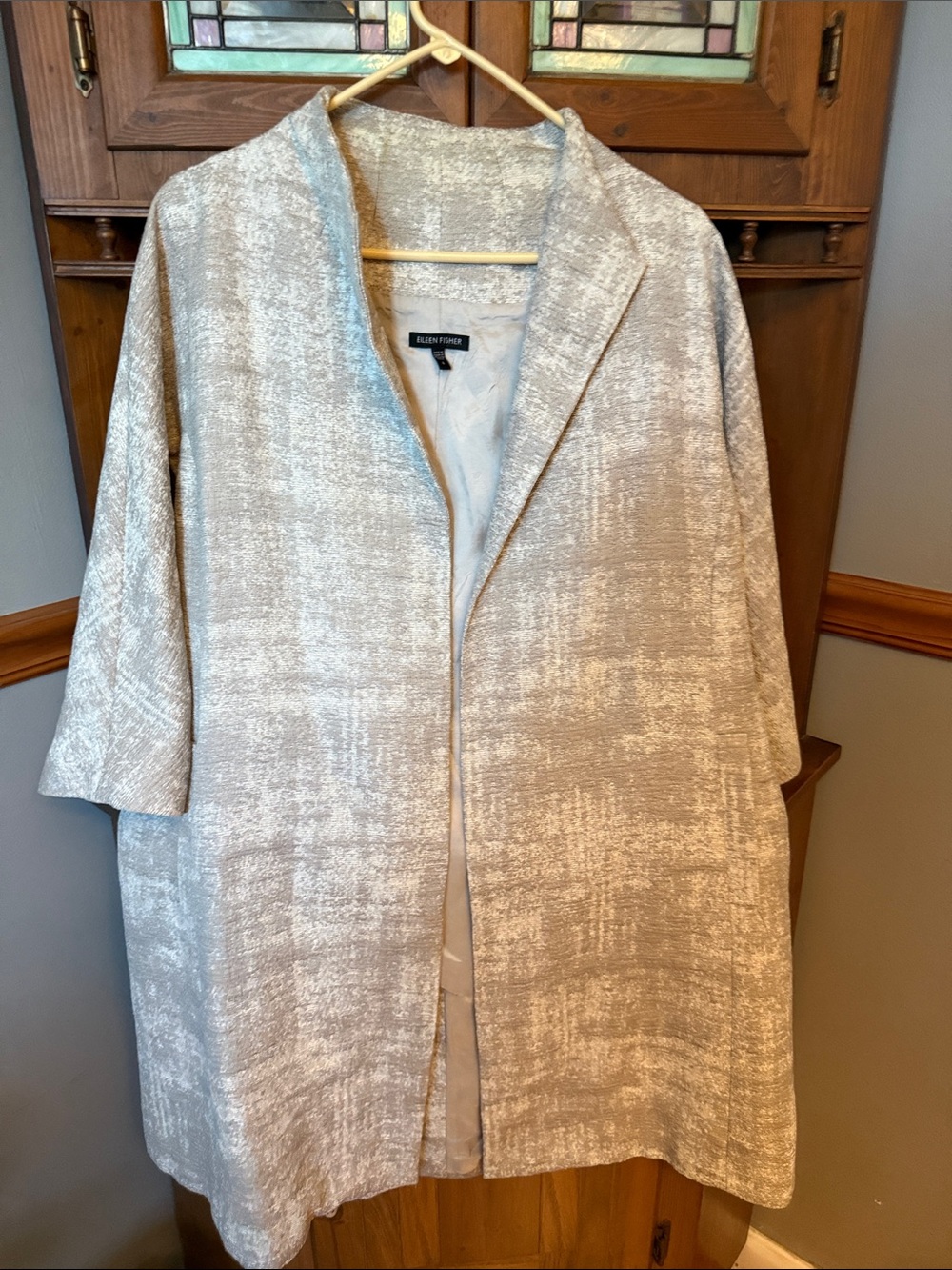 Eileen Fisher Textured Open Front Mid Length Duster Coat Taupe minimalist L